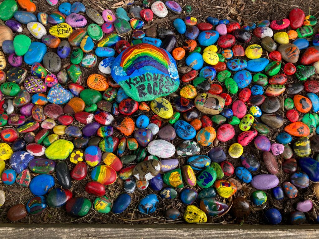 colorful rocks with one large rock in the middle labeled kindness rocks