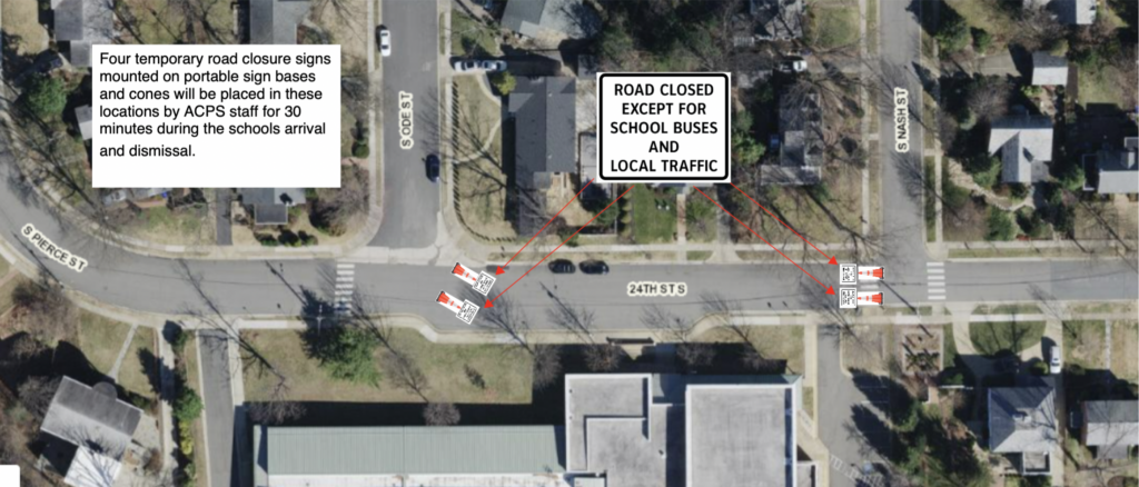 satellite image of 24th st S with cones as well as text describing how the road will be closed to all traffic except buses during arrival and dismissal