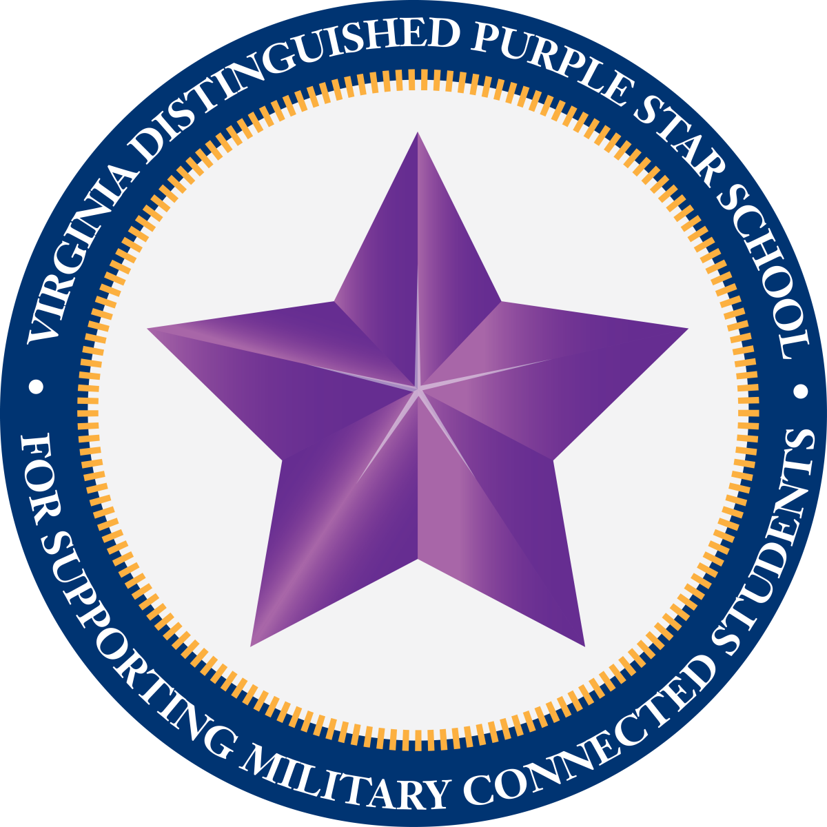 Picture of a purple star witht the text "Virginia Distinguished Purple Star School For supporting Military connected students" forming a circle around it.
