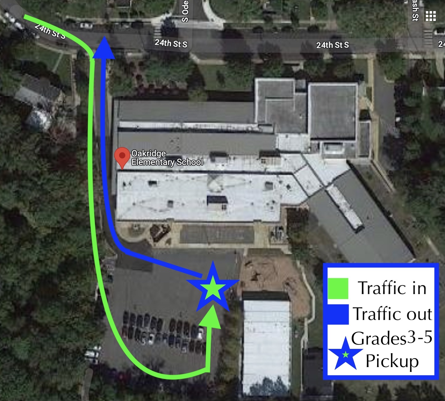Oakridge map showing car dismissal route Traffic in Traffic out Grades 3-5 pickup