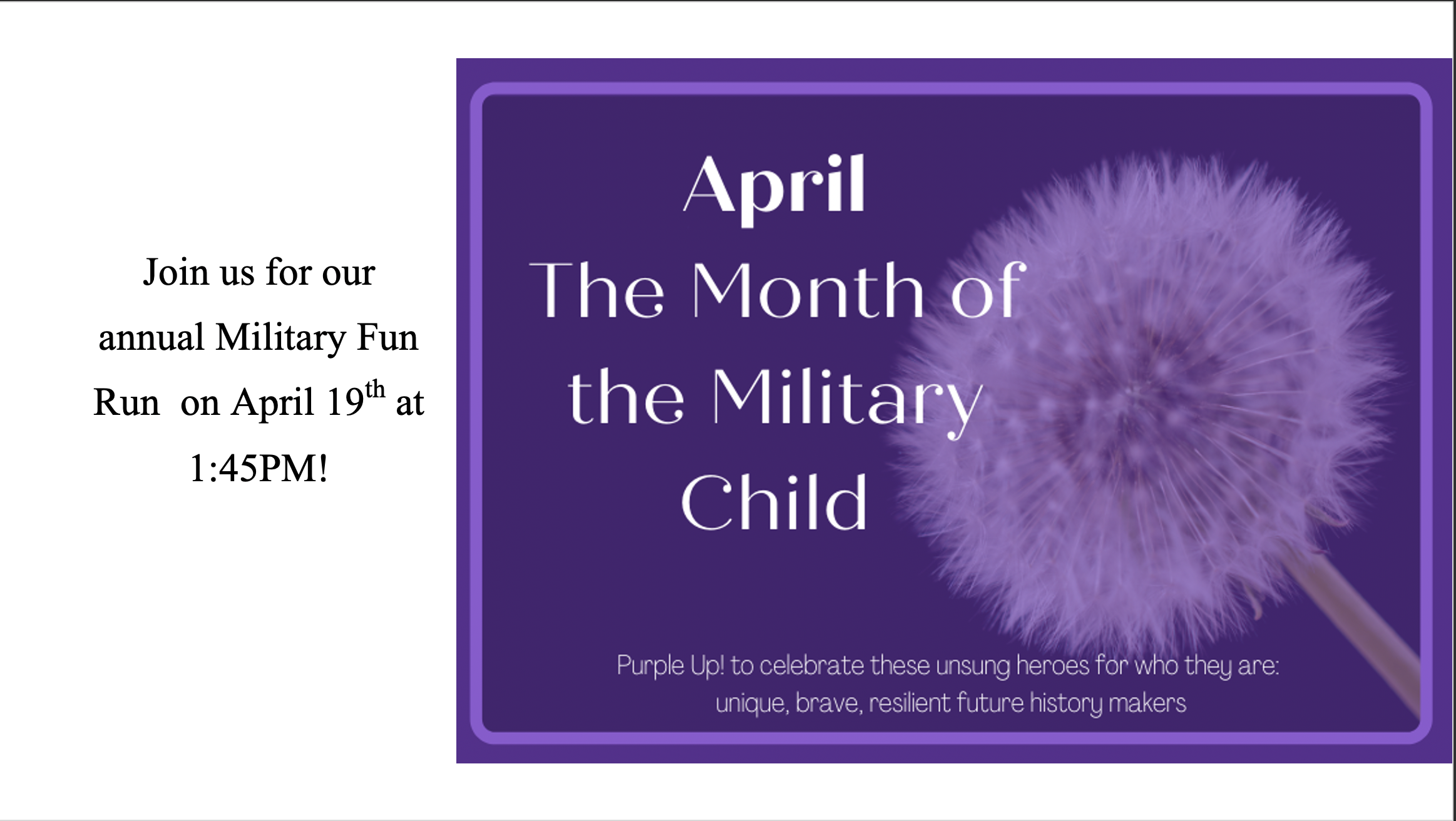 April month of the military child purple background with dandelion.