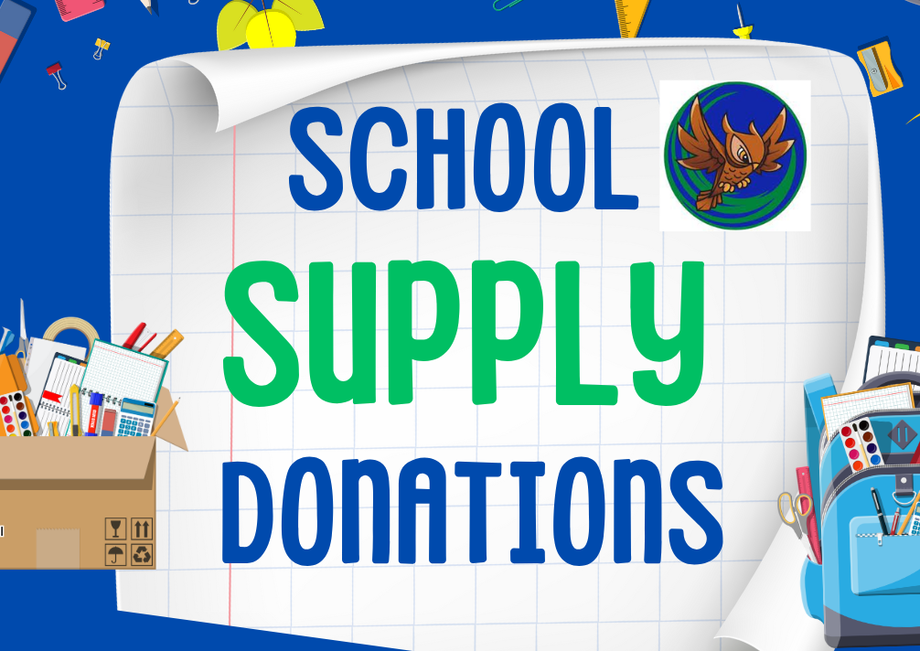 blu background with a a box of school supplies and a backpack with the oakridge owl symbol