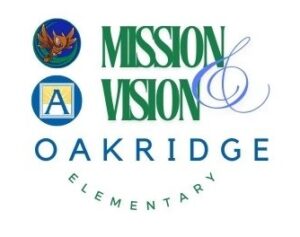 White background with the Oakridge Elementary logo and Arlington Public Schools logo. Text with Mission and Vision and the name of the school are displayed. 