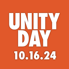 Unity Day written in white on an orange background with the date October 16, 2024.