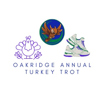 Oakridge owl logo above a turkey clip art and two sneakers running. Oakride Annual Turkey Trot text.