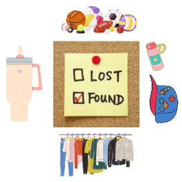 A sticky note with two checkboxes: lost and found, with Found checked. Popular items (water bottles, hats, clothes, sports balls) surround the text.