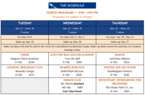 a list of dates and times of specific after school enrichment programs
