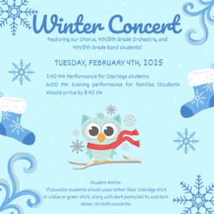 winter theme with an owl wearing a scarf with details about the winter concert