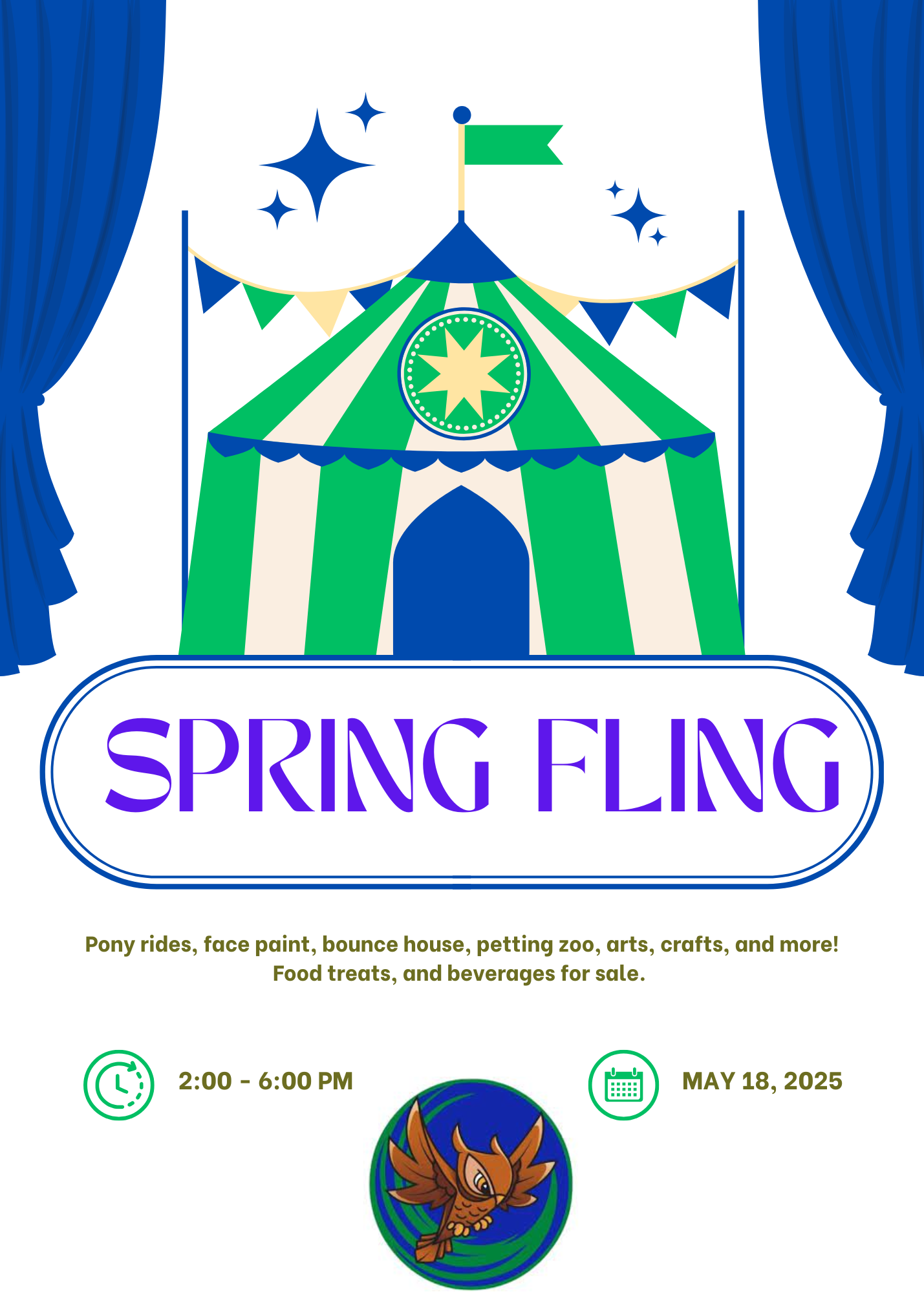 tent, curtains, flags, and banners in Oakridge colors with the Oakridge owl symbol